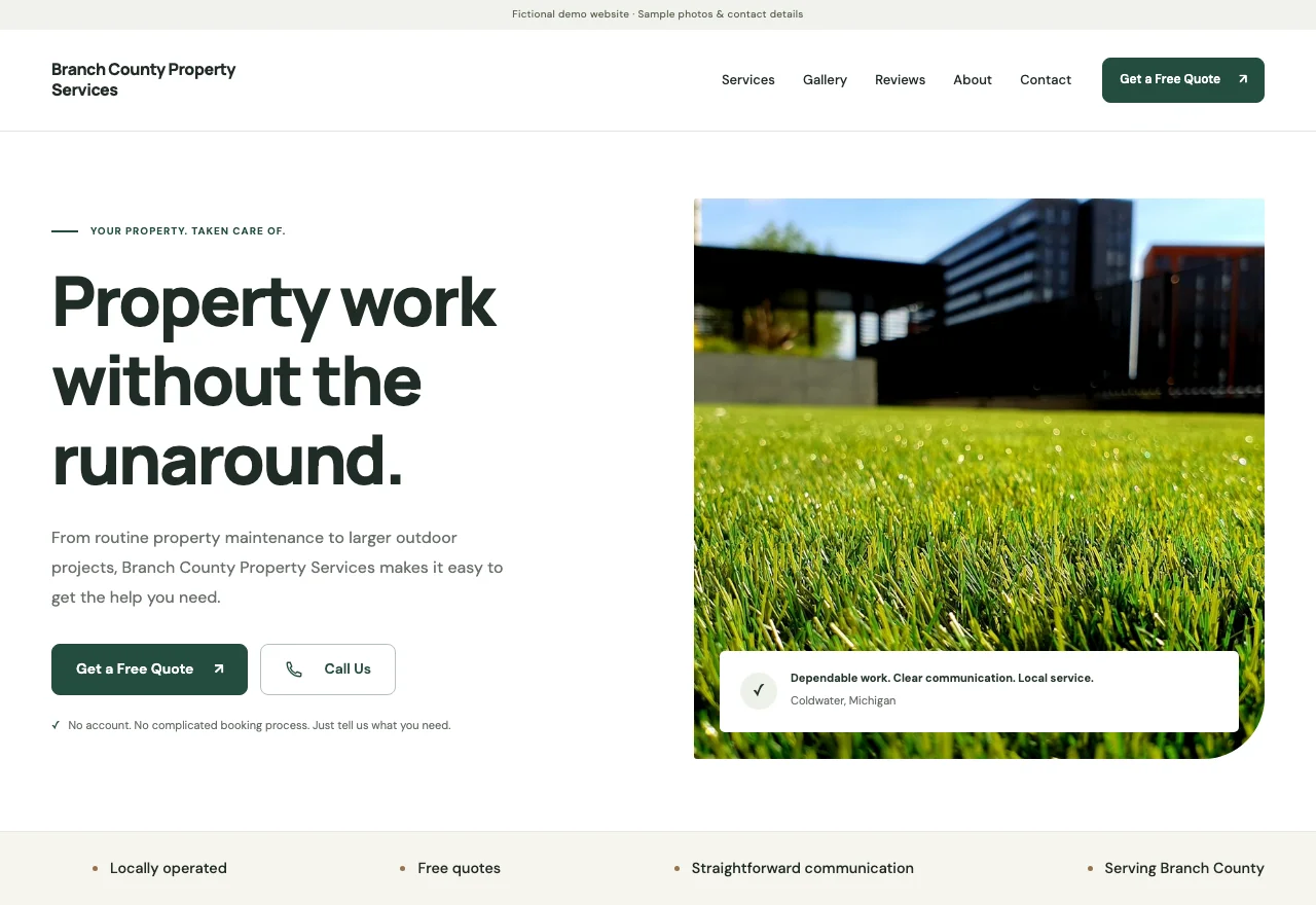 Actual Branch County demo homepage, showing its green lawn photo, property services headline, and quote button